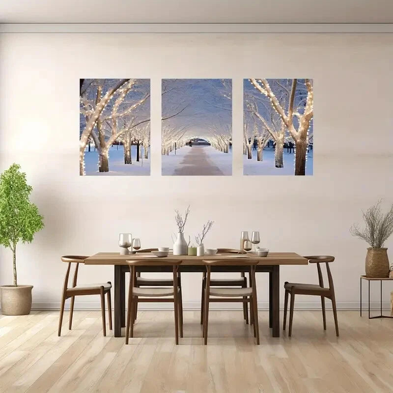 3pcs Winter Snowy Forest Scene Warm Fairy Lights Metal Print Ready to Hang Art