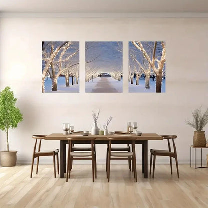 3pcs Winter Snowy Forest Scene Warm Fairy Lights Metal Print Ready to Hang Art