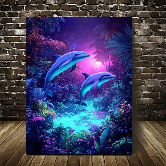 Vibrant Neon Dolphin Scene in Lush Jungle 40x60cm Metal Print Ready to Hang