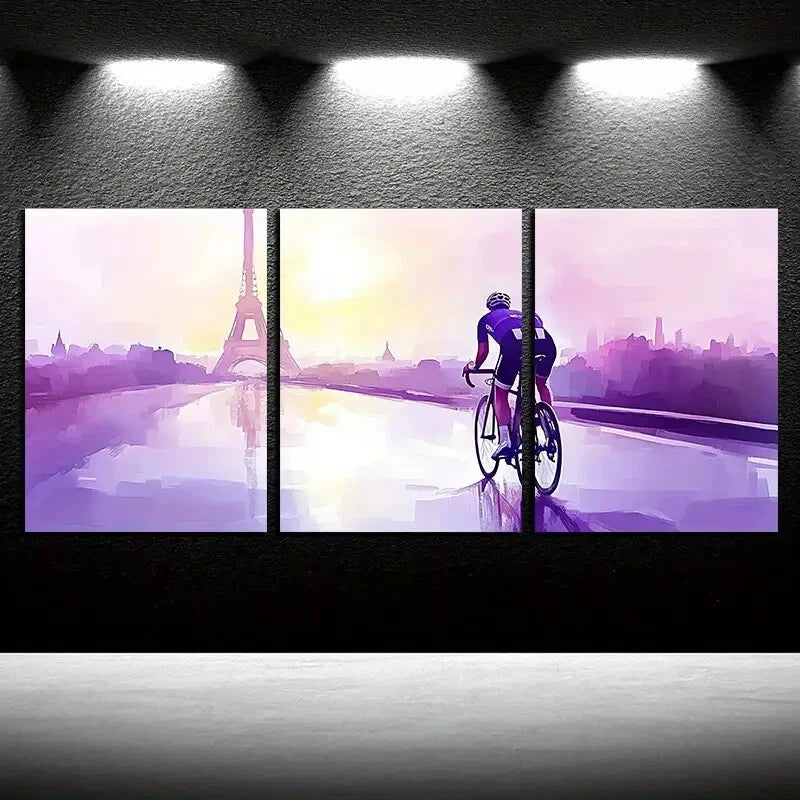 3pcs Cyclist and Eiffel Tower Modern Landscape Metal Print Ready to Hang Art