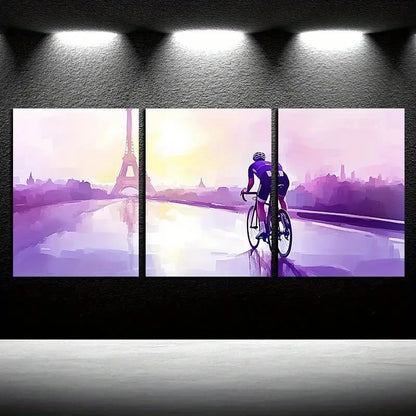 3pcs Cyclist and Eiffel Tower Modern Landscape Metal Print Ready to Hang Art