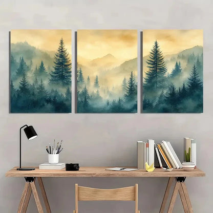 3pcs Serene Forest Landscape with Misty Mountains Metal Print Ready to Hang Art