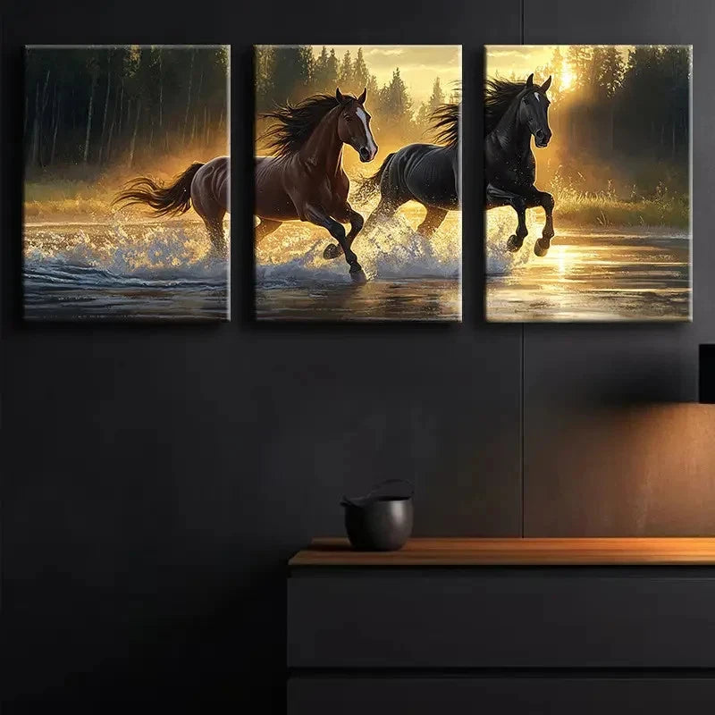 3pcs Sunset Horse Racing Scene Wall Art Set Canvas Framed 40x60cm - High Quality Print 100% Australian Made Wall Canvas Ready to Hang