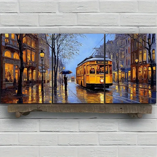 3pcs Rainy Street Golden Themed Metal Print Ready to Hang Art