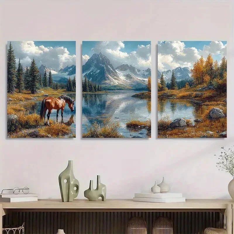 3pcs Peaceful Horse At Mountain Lake Metal Print Ready to Hang Art