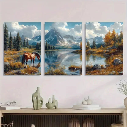 3pcs Peaceful Horse At Mountain Lake Metal Print Ready to Hang Art