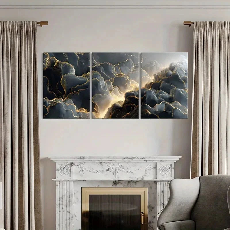 3pcs Abstract Cloudscape Art Golden Lines Metal Print Ready to Hang Art