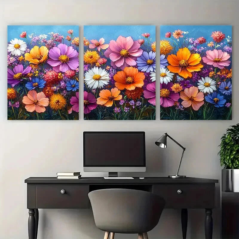 3pcs Vibrant Floral Abstract Cosmos & Daisies Metal Print Ready to Hang Art