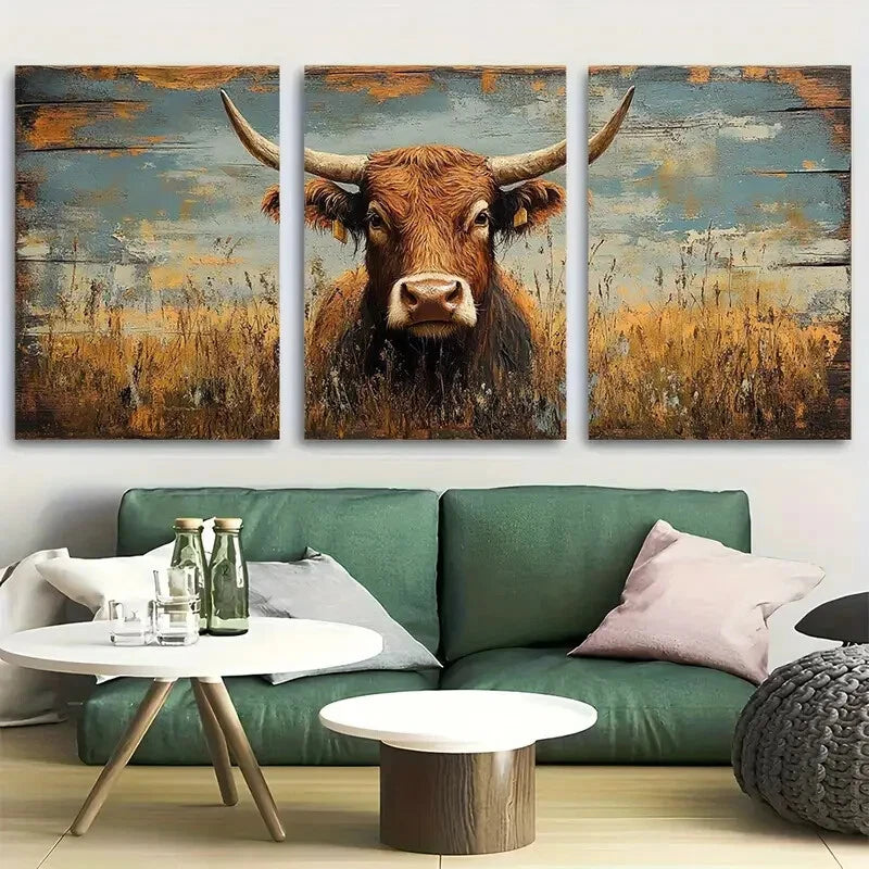 3pcs Highland Cow Country Landscape Minimalist Metal Print Ready to Hang Art