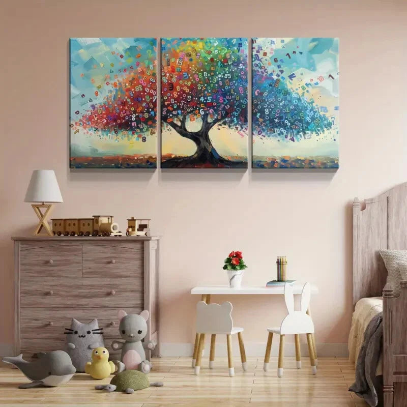 3pcs Colourful Number Tree Painting Metal Print Ready to Hang Art