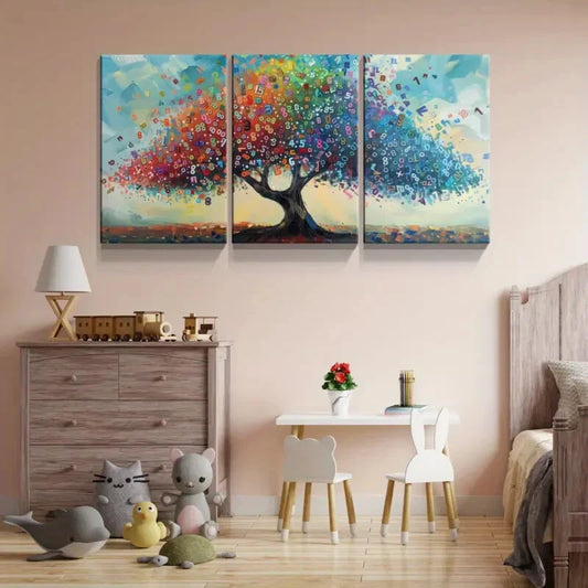 3pcs Colourful Number Tree Painting Metal Print Ready to Hang Art