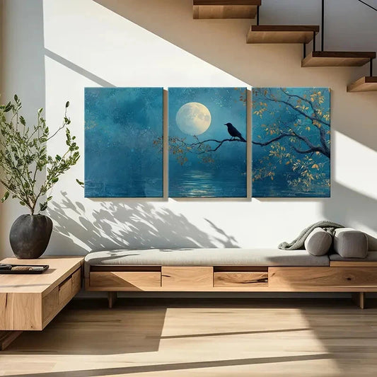 3pcs Moonlit Night Serene Landscape Autumn Leaves Metal Print Ready to Hang Art