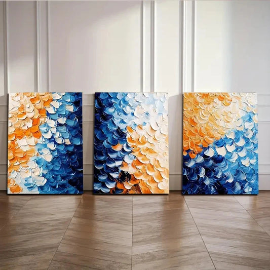 3pcs Abstract Blue And Orange Flower Petals Metal Print Ready to Hang Art