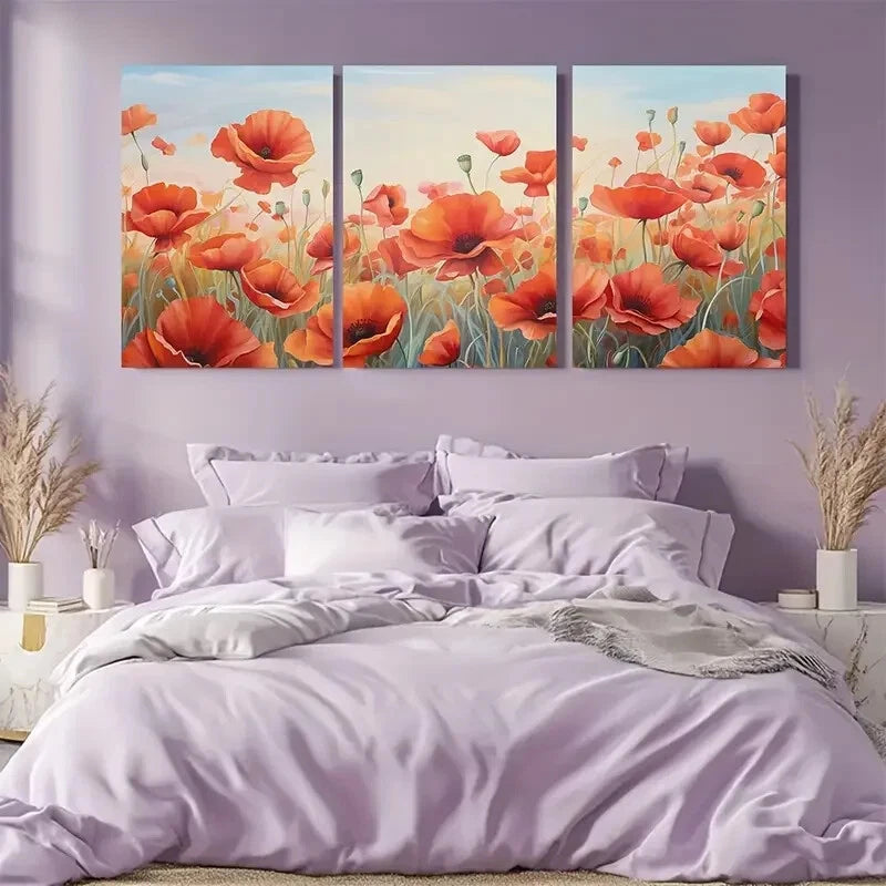 3pcs Vibrant Red Poppy Wildflower Boho Style Metal Print Ready to Hang Art
