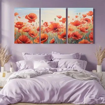 3pcs Vibrant Red Poppy Wildflower Boho Style Metal Print Ready to Hang Art