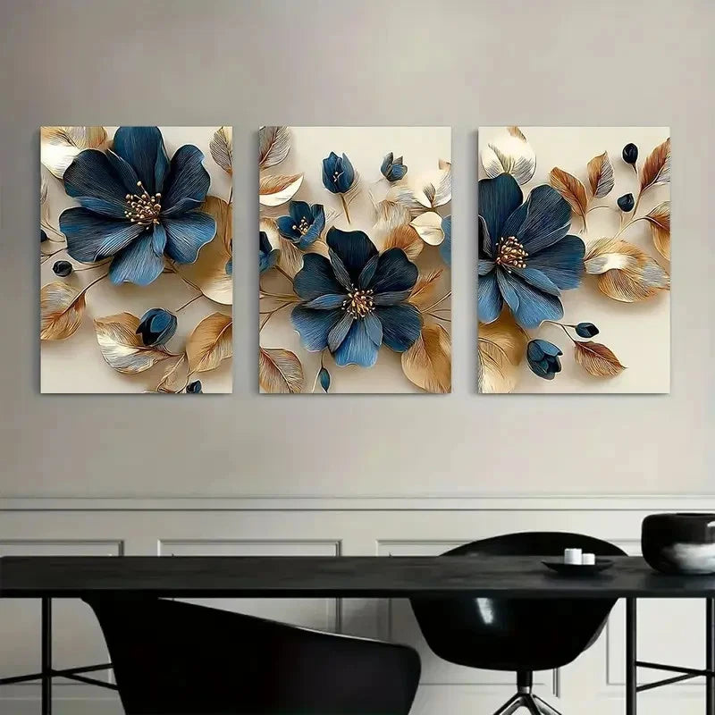 3pcs Dark Blue Flowers with Golden Leaves Metal Print Ready to Hang Art
