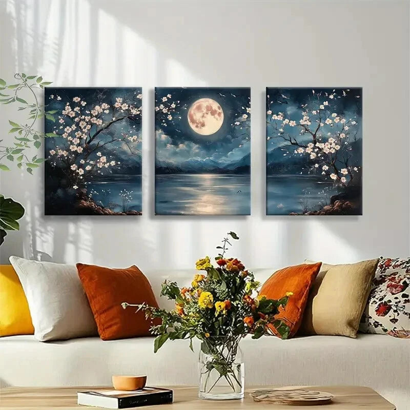 3pcs Serene Night Landscape with Full Moon Metal Print Ready to Hang Art