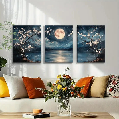 3pcs Serene Night Landscape with Full Moon Metal Print Ready to Hang Art