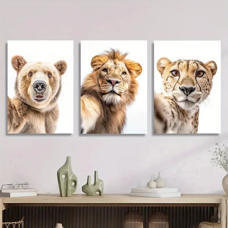 3pcs Animal Portraits of Bears, Lions, Leopards Metal Print Ready to Hang Art