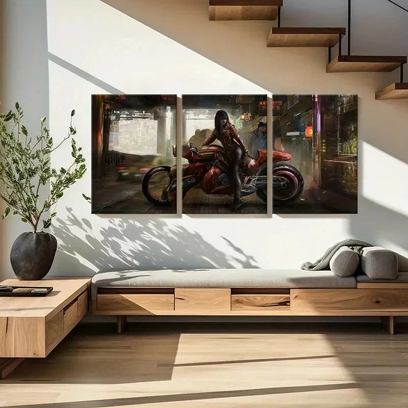 3pcs Beautiful Anime Girl with Motorcycle  Wall Art Set Canvas Framed 60x90cm - High Quality Print 100% Australian Made Wall Canvas Ready to Hang