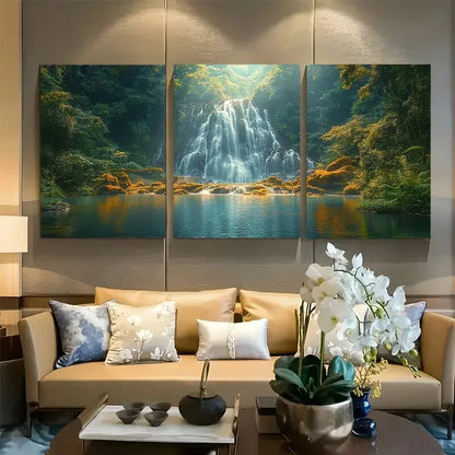 3pcs Dense Rainforest Soothing Waterfall Metal Print Ready to Hang Art