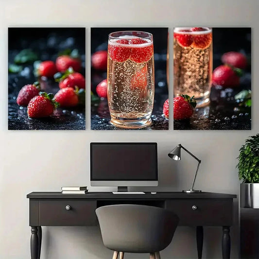 3pcs Elegant Champagne and Strawberries Design Wall Art Set Canvas Framed 60x90cm - High Quality Print 100% Australian Made Wall Canvas Ready to Hang