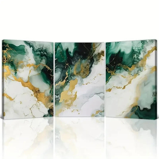 3pcs Green, Golden & White Swirls on Canvas Art Set Canvas Framed 40x60cm - High Quality Print 100% Australian Made Wall Canvas Ready to Hang