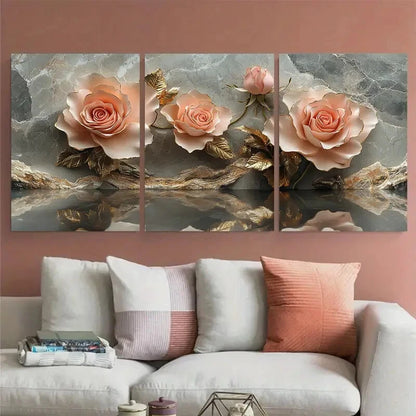 3pcs Pink Golden Roses Reflecting on Grey Marble Metal Print Ready to Hang Art