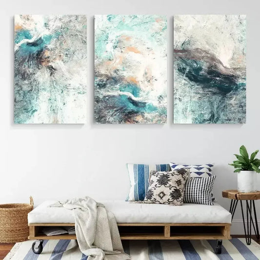 3pcs Abstract Painting Of Vibrant Cyan Colors Framed 40x60cm - High Quality Print 100% Australian Made Wall Canvas Ready to Hang