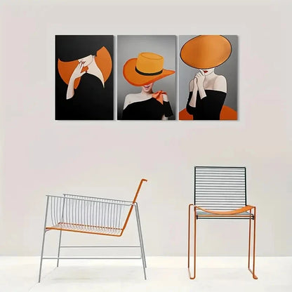 3pcs Minimalist Orange Hat Woman Painting Metal Print Ready to Hang Art