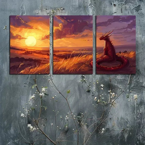 3pcs A Young Dragon Watching The Sunset Canvas Framed 60x90cm - High Quality Print 100% Australian Made Wall Canvas Ready to Hang