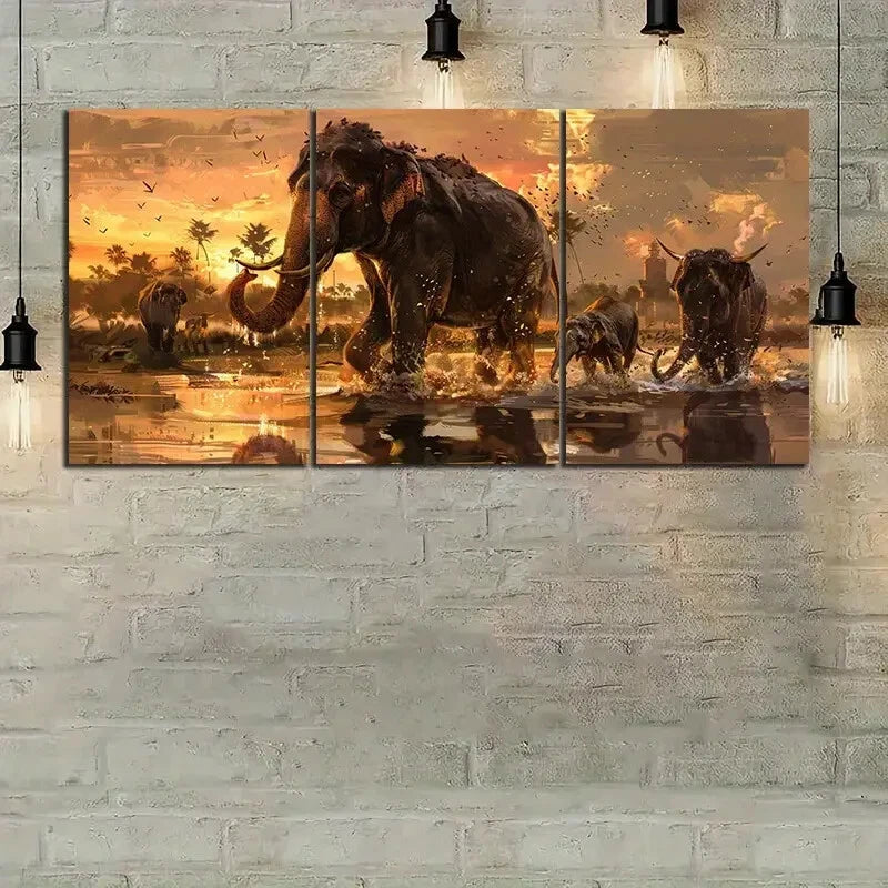 3pcs Woolly Mammoth and Animals River Crossing Metal Print Ready to Hang Art