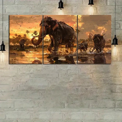3pcs Woolly Mammoth and Animals River Crossing Metal Print Ready to Hang Art