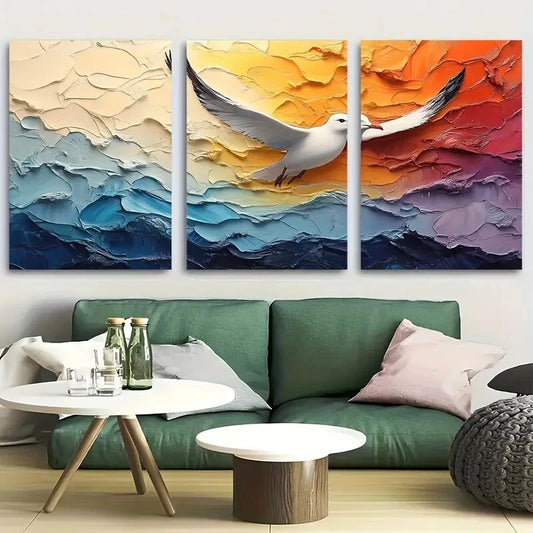 3pcs Calming Seagull and Rainbow Seascape Design Metal Print Ready to Hang Art