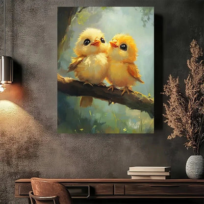 Beautiful Charming Yellow Chickens on Branch Painting 40x60cm Metal Print Ready to Hang