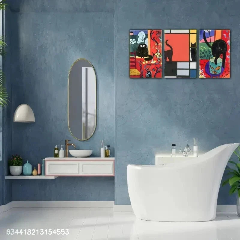 3pcs Whimsical Cat & Vibrant Floral Designs Metal Print Ready to Hang Art