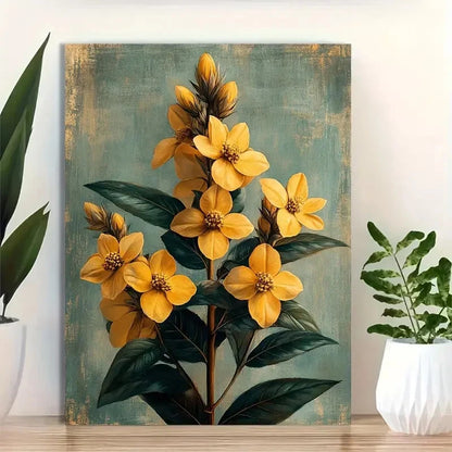 Beautiful Yellow Flowers On Teal Background Painting 40x60cm Metal Print Ready to Hang