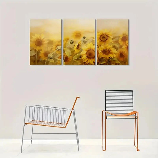 3pcs Sunflower Field Botanical Themed Metal Print Ready to Hang Art