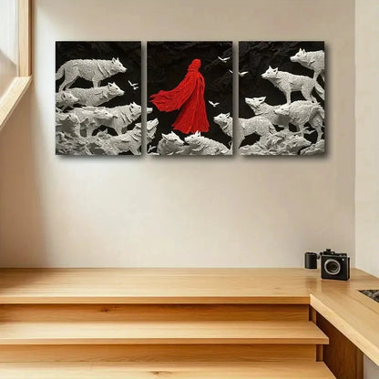3pcs White Wolves Surrounding Red Metal Print Ready to Hang Art