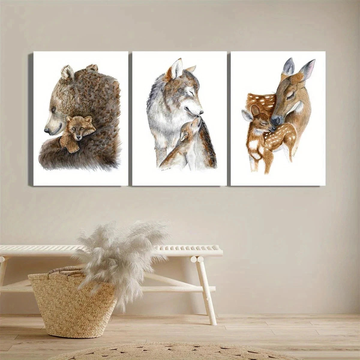 3pcs Wildlife Watercolor Bears Wolves & Deer Metal Print Ready to Hang Art