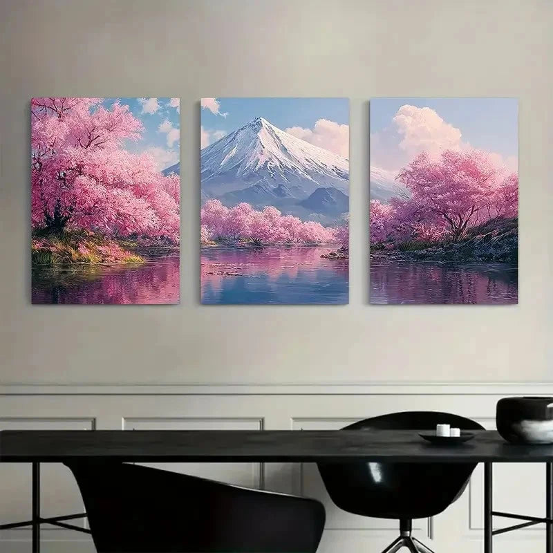 3pcs Japanese Landscape with Cherry Blossoms Metal Print Ready to Hang Art
