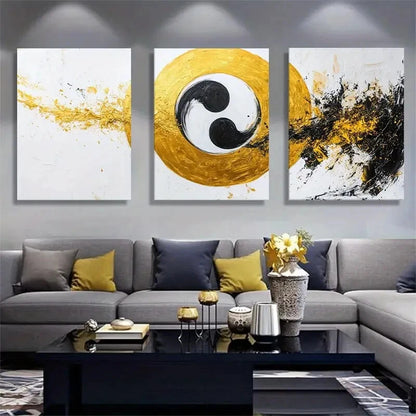 3pcs Modern Yin Yang Golden Black White Abstract Metal Print Ready to Hang Art
