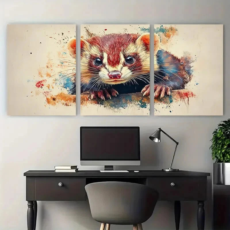 3pcs Sweet Ferret Watercolour Design Metal Print Ready to Hang Art