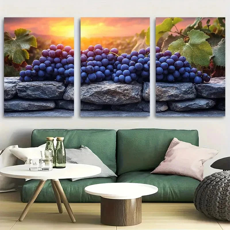 3pcs Mystical Vineyard with Colossal Grape Cluster Metal Print Ready to Hang Art