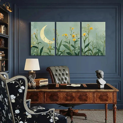 3pcs Moonlit Floral Garden Yellow Flowers Metal Print Ready to Hang Art
