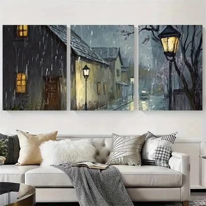 3pcs Cozy Rainy Night Village Street Wall Art Set Canvas Framed 40x60cm - High Quality Print 100% Australian Made Wall Canvas Ready to Hang
