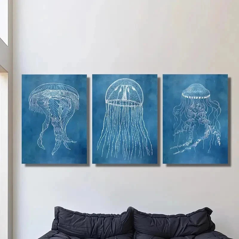 3pcs Modern Luxury Mordai Blue, Classic Metal Print Ready to Hang Art