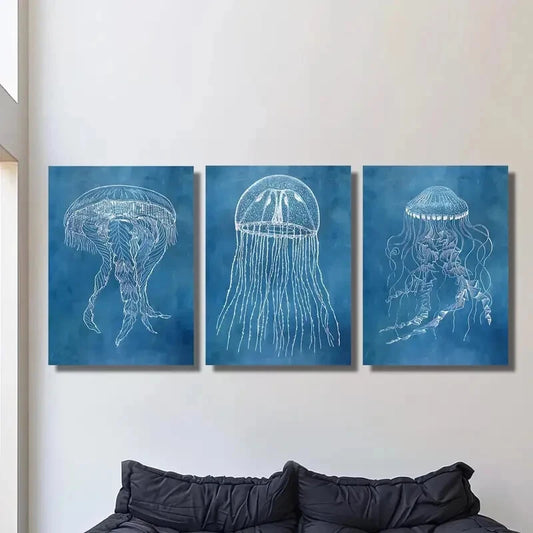 3pcs Modern Luxury Mordai Blue, Classic Metal Print Ready to Hang Art