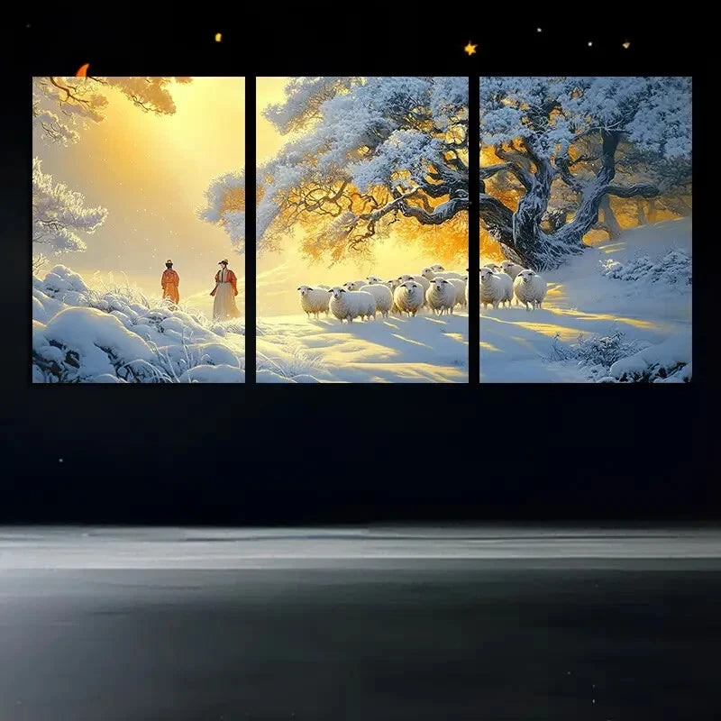 3pcs The Flock of Sheep in the Snow Scene Metal Print Ready to Hang Art