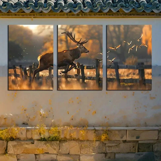 3pcs Deer Jumping off the Fence with Birds Scene Metal Print Ready to Hang Art